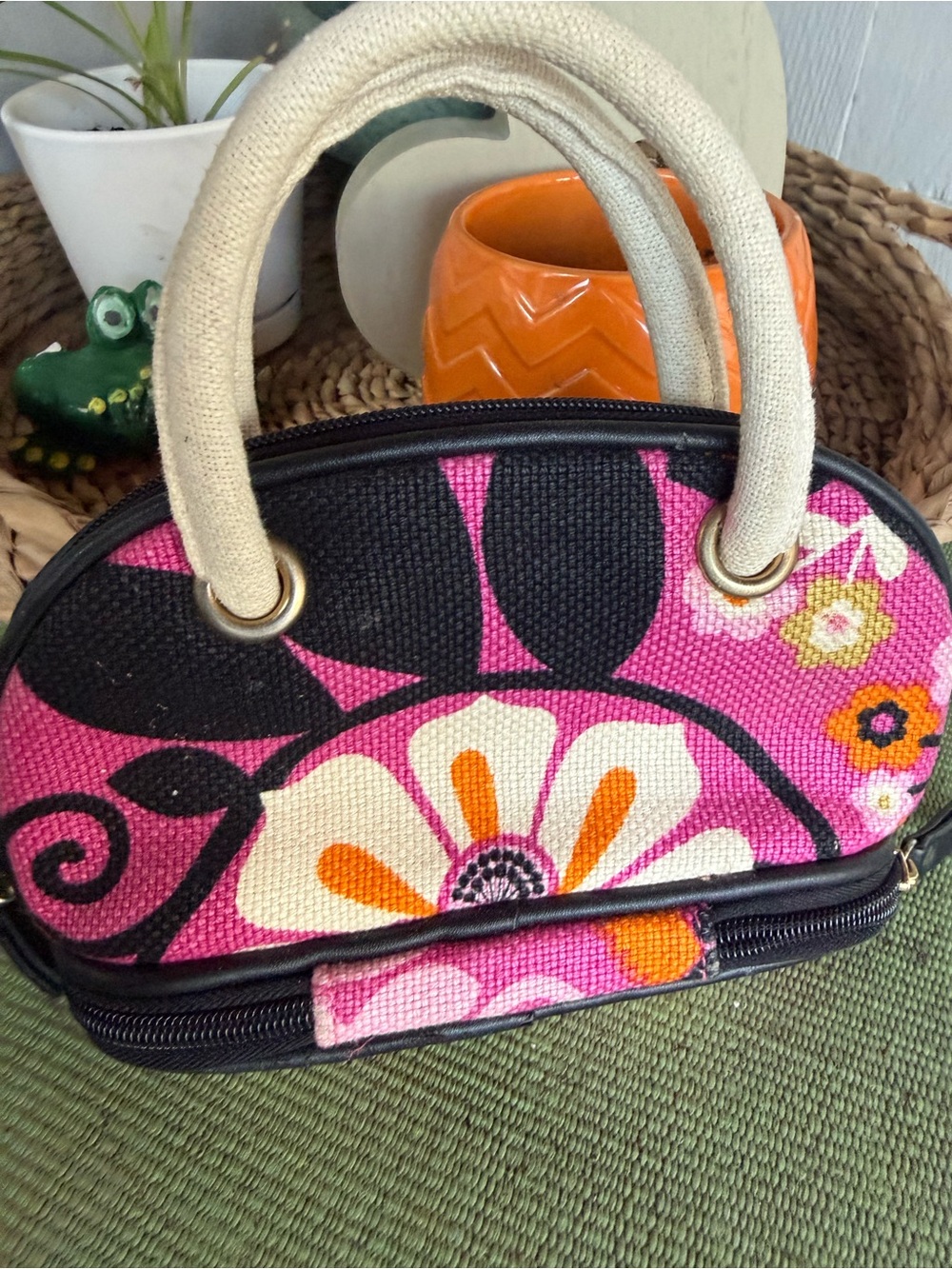 Floral Canvas Mini Dome Bag - Pink/Black